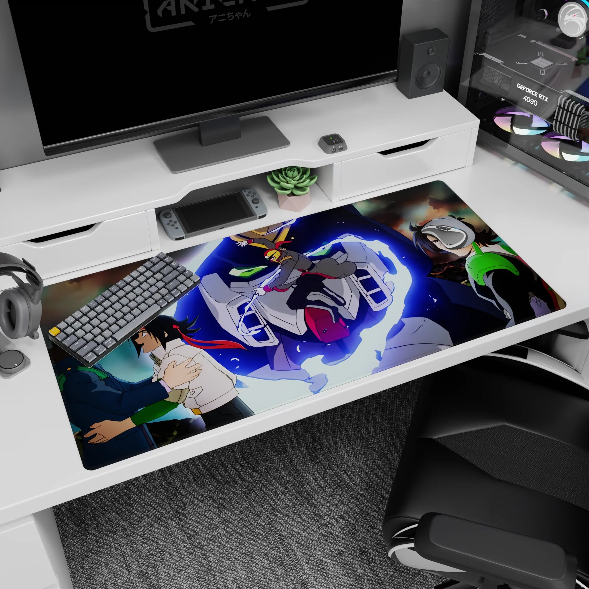 Suzaku Kururugi vs Lelouch Lamperouge 40x20 inches desk pad, neon mecha clash scene.