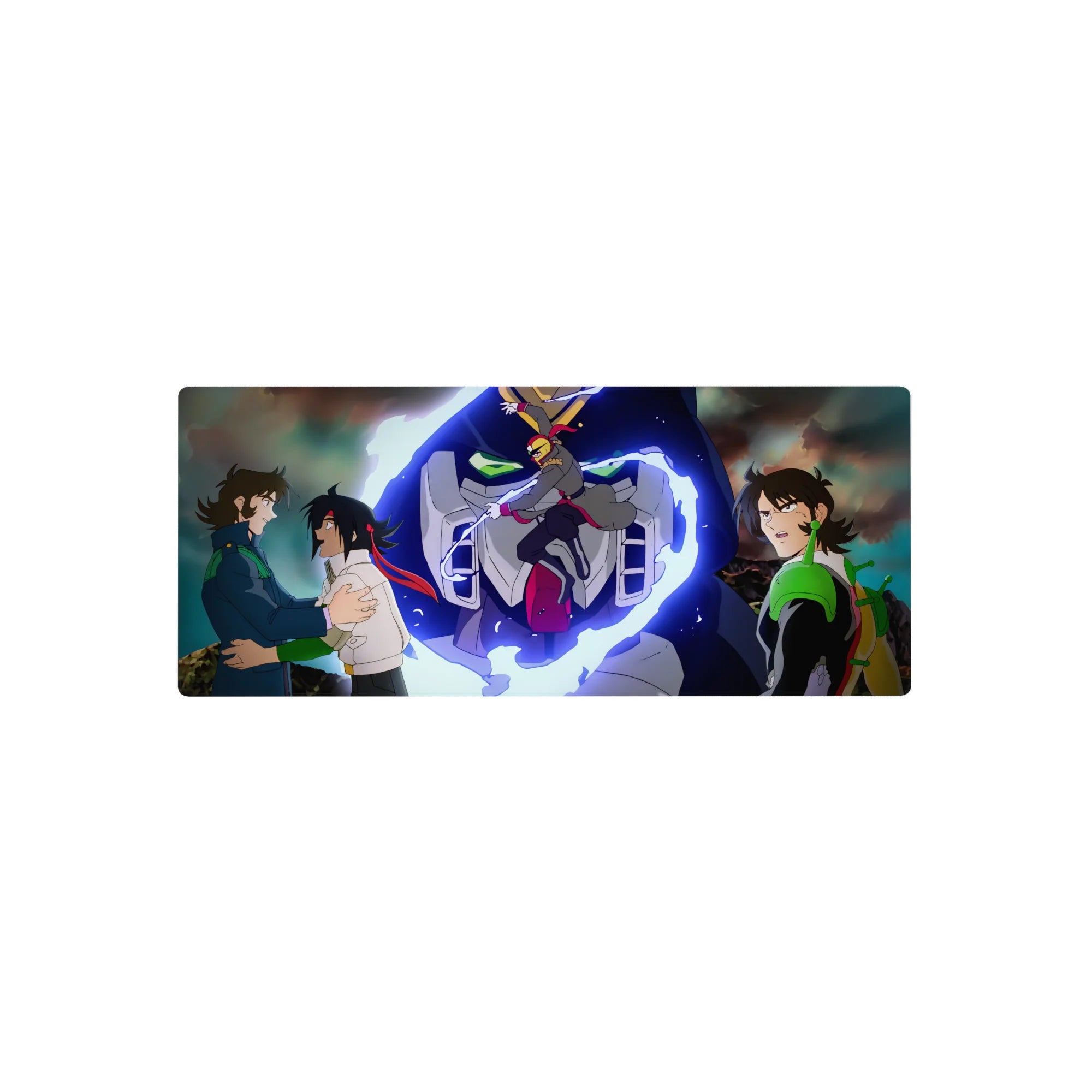 28x12 inches anime mouse pad with Code Geass mecha battle art, Suzaku vs Lelouch, neon energy swirl.
