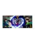 28x12 inches anime mouse pad with Code Geass mecha battle art, Suzaku vs Lelouch, neon energy swirl.