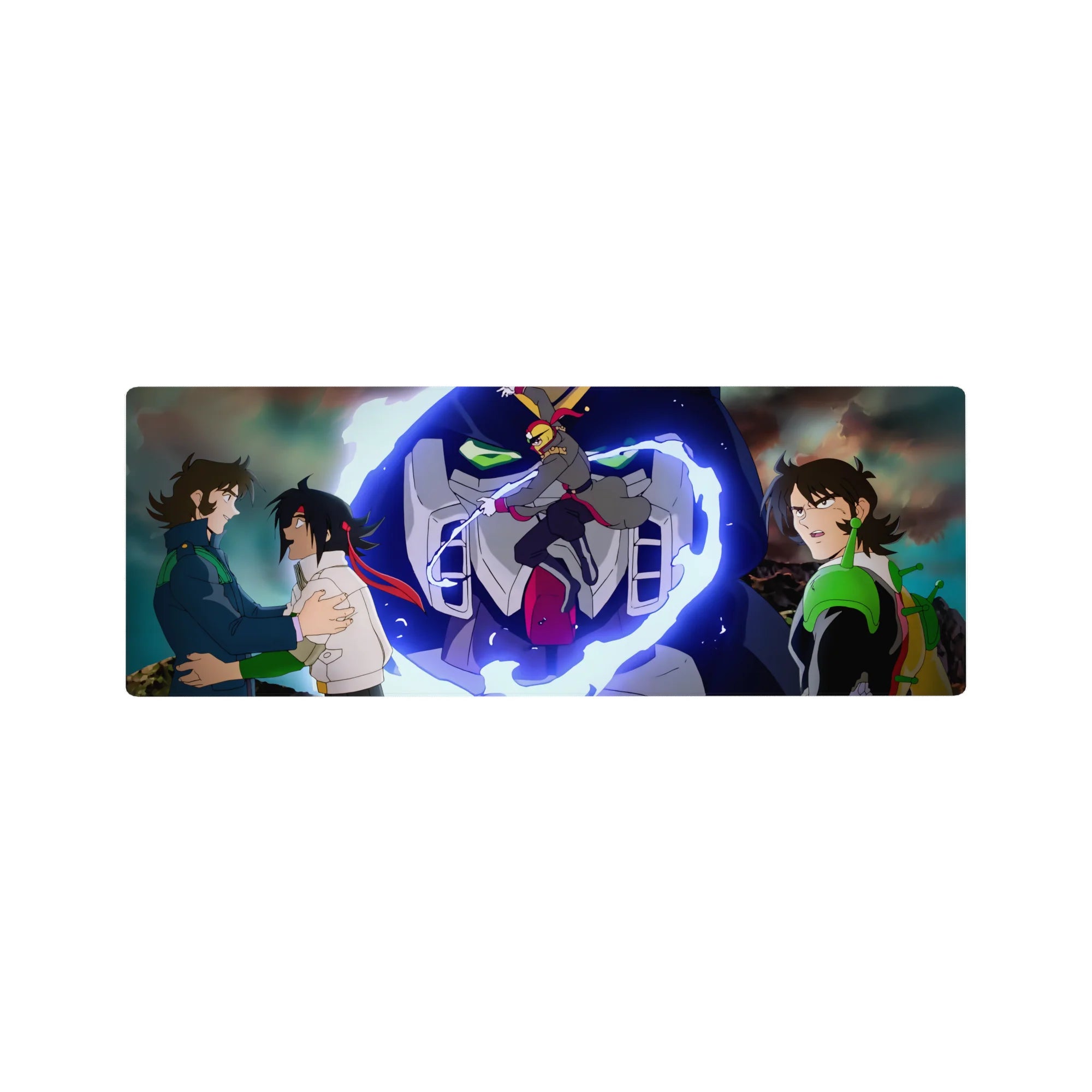 Code Geass anime mouse pad 32x12 inches with Suzaku, Lelouch, and a towering mecha battle scene.