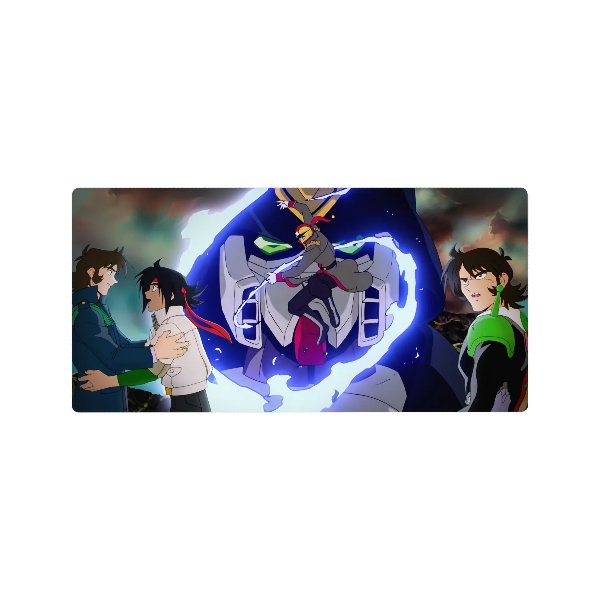 32x16 inches anime mouse pad with mecha battle scene, Suzaku vs Lelouch, neon-blue energy accents.