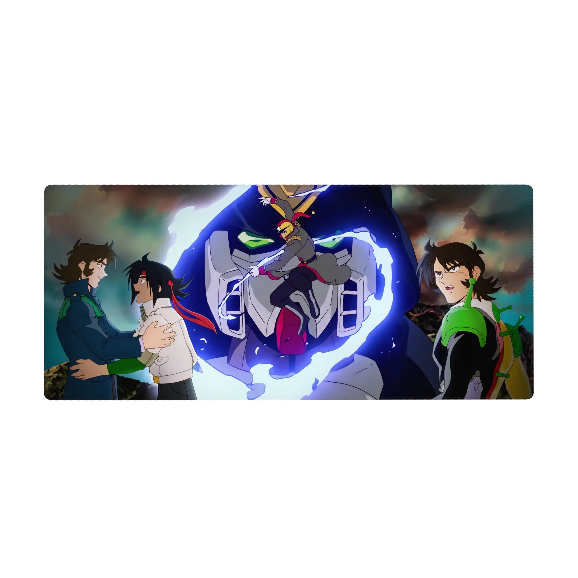 Code Geass anime desk pad 36x16 inches with Suzaku, Lelouch, and a towering mecha battle scene.