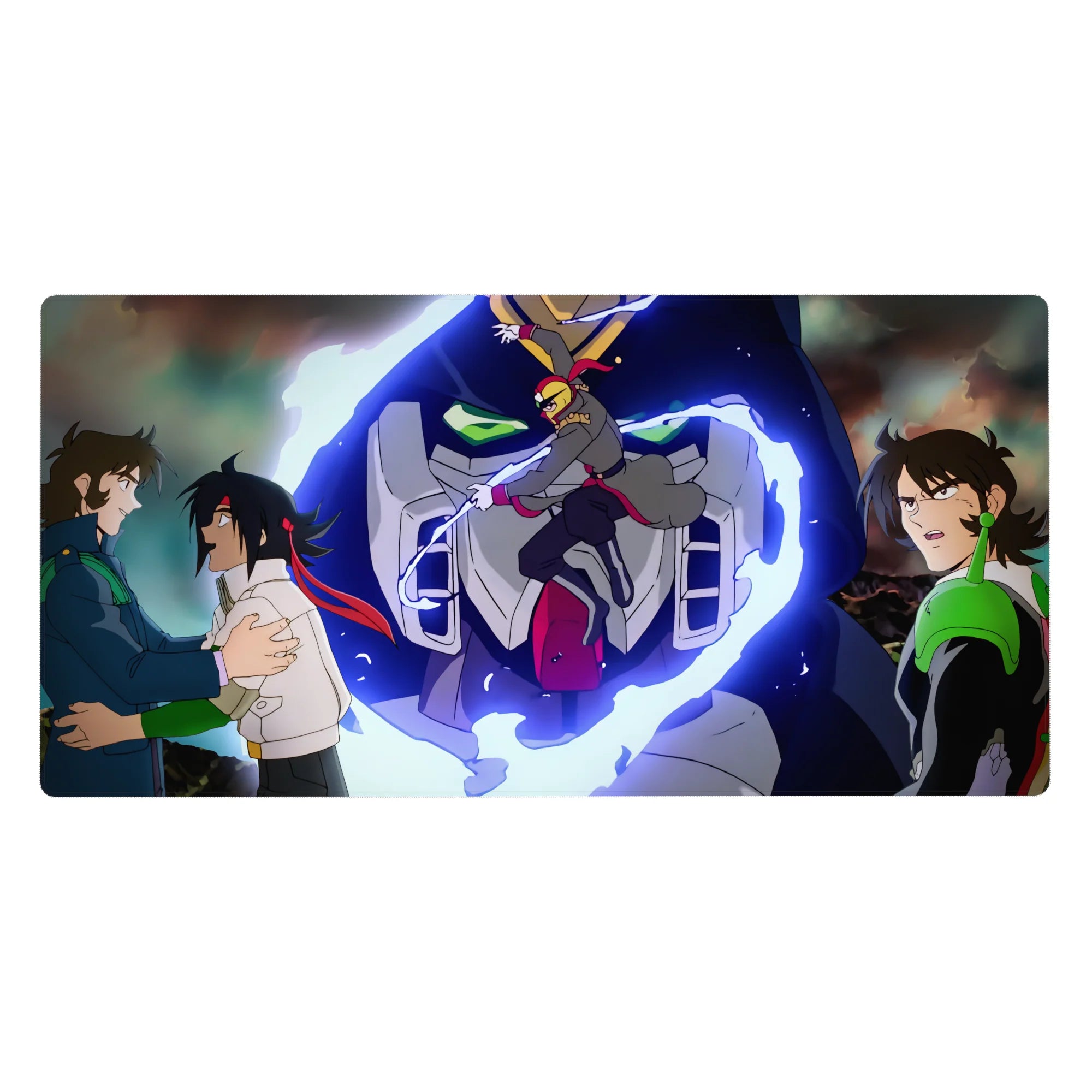 Code Geass anime desk pad 40x20 inches with Suzaku, Lelouch, and towering mecha battle artwork.