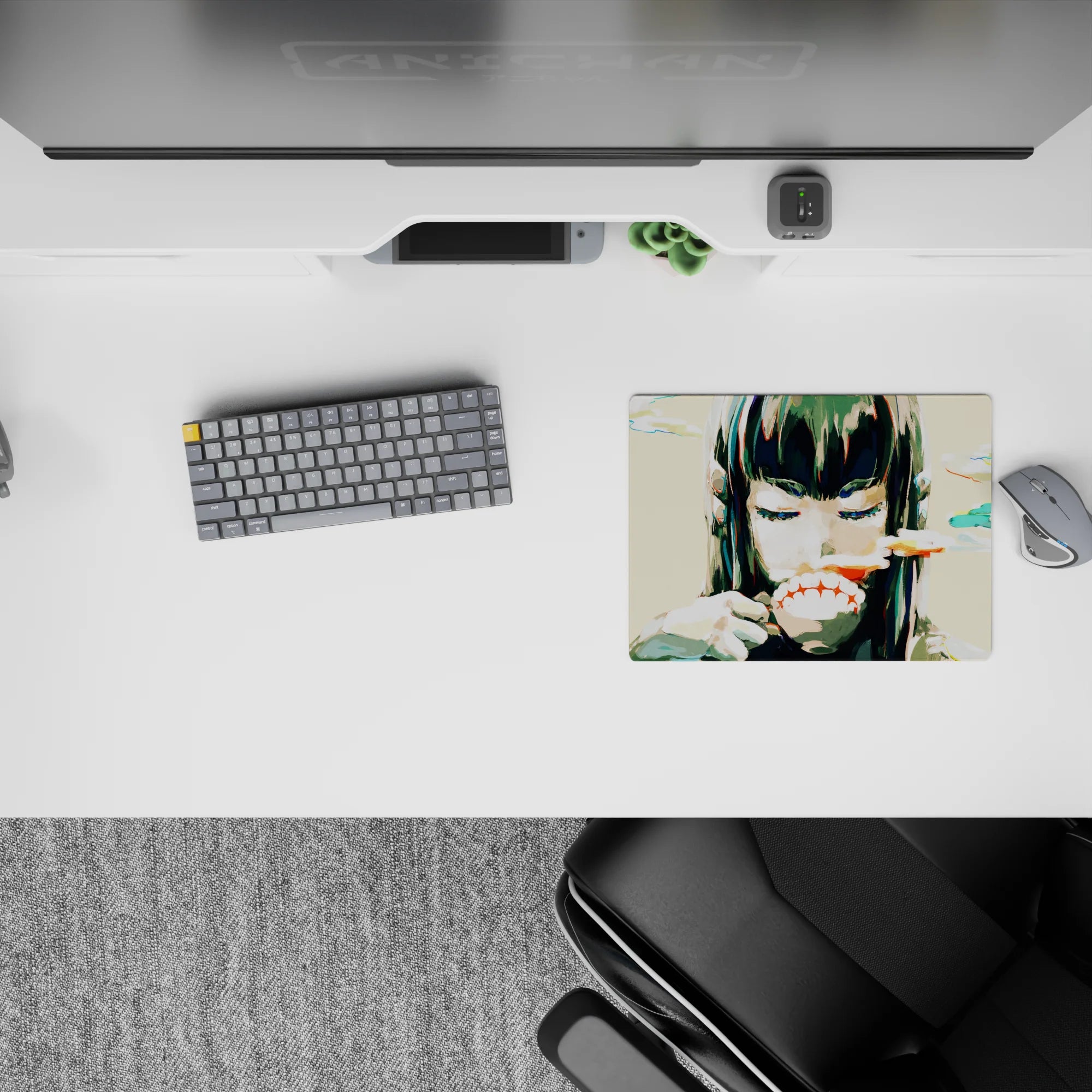 Anime girl mouse pad 14x10 inches in creamy beige with teal and coral candy-cloud strokes, moody and edgy.