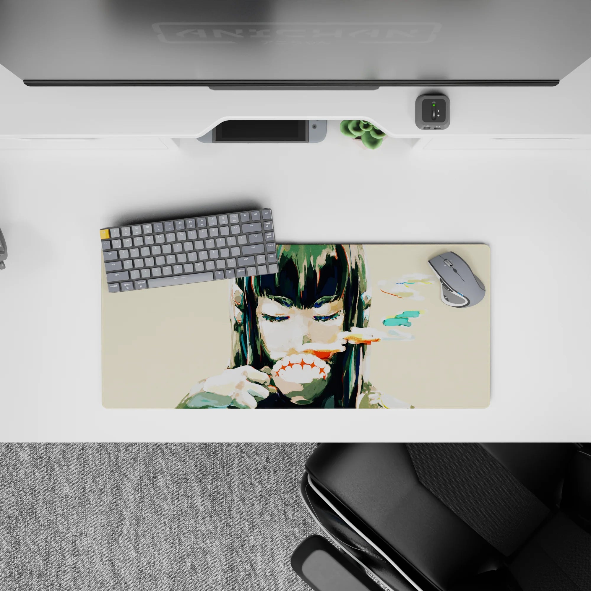 Anime girl mouse pad 28x12 inches in teal and coral brushstrokes, creamy beige, dark bangs, moody vibe.