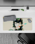 Anime girl mouse pad 28x12 inches in teal and coral brushstrokes, creamy beige, dark bangs, moody vibe.