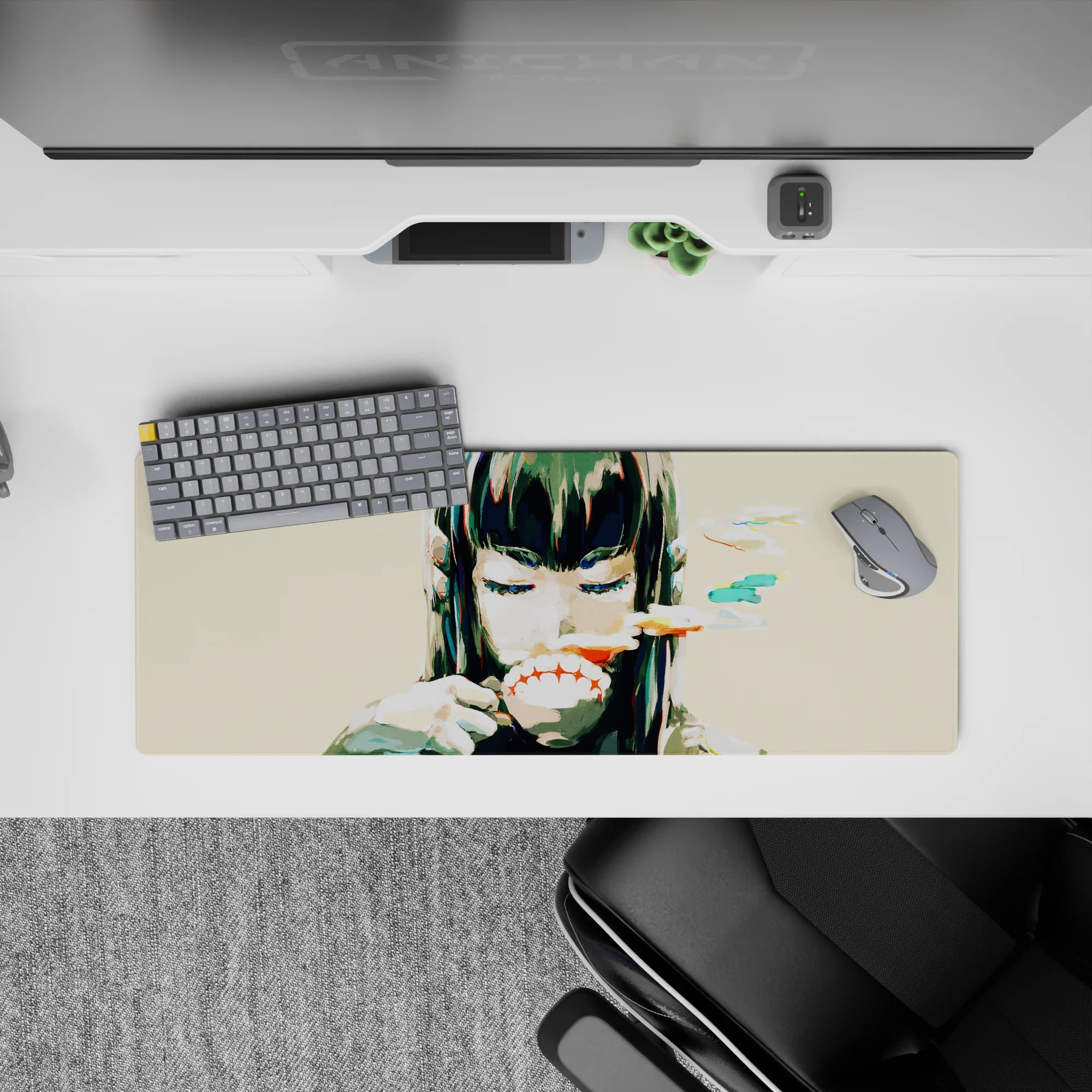 Teal and coral brushstroke anime girl mouse pad 32x12 inches, calm yet sinister late-night vibe.