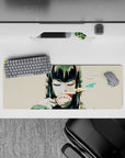 Teal and coral brushstroke anime girl mouse pad 32x12 inches, calm yet sinister late-night vibe.