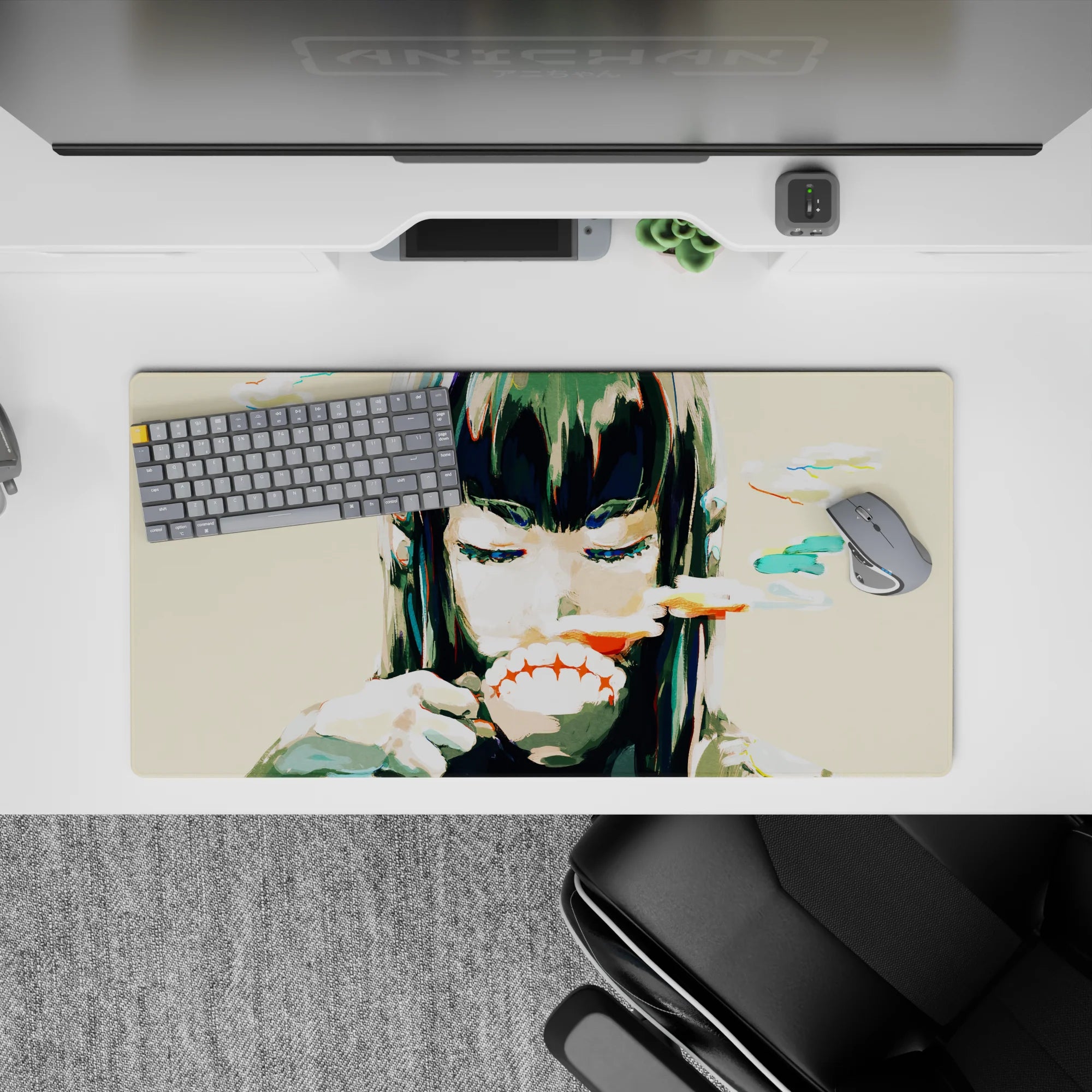 Anime girl mouse pad 32x16 inches in teal and coral brushstrokes, soft chaos vibe, bold red lip line.