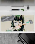 Anime girl mouse pad 32x16 inches in teal and coral brushstrokes, soft chaos vibe, bold red lip line.