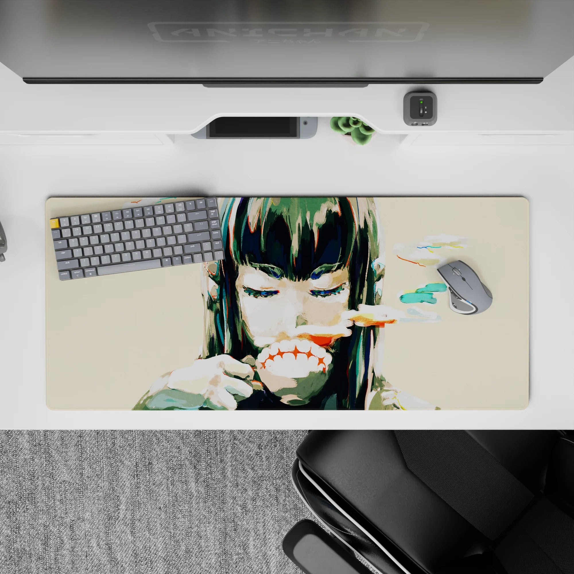 Anime girl desk pad 36x16 inches in beige with teal and coral brushstrokes, soft chaos, moody vibe.