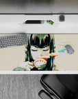 Anime girl desk pad 36x16 inches in beige with teal and coral brushstrokes, soft chaos, moody vibe.