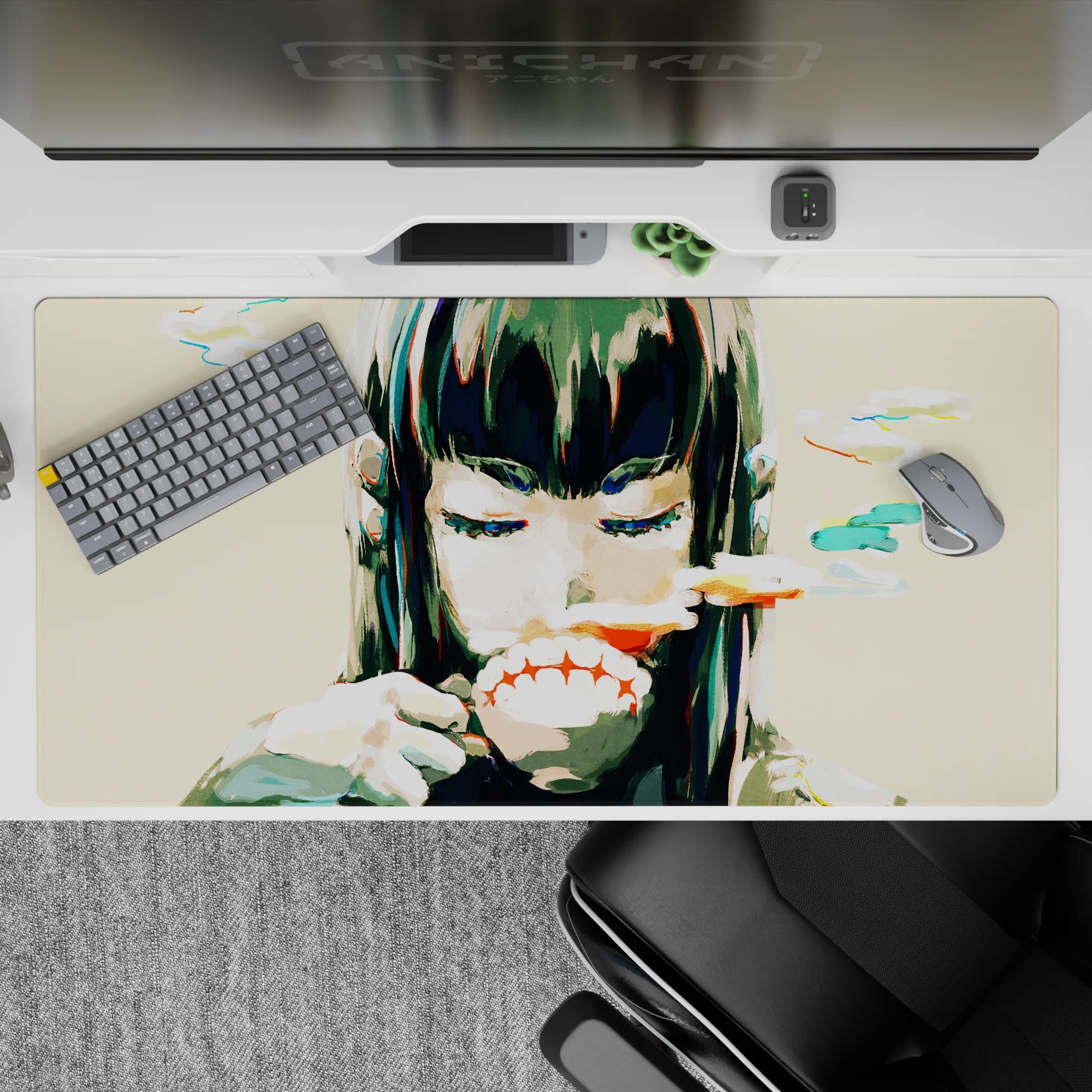 40x20 inches anime girl desk pad in beige with teal and coral brushstrokes, bold red lip line, moody vibe.