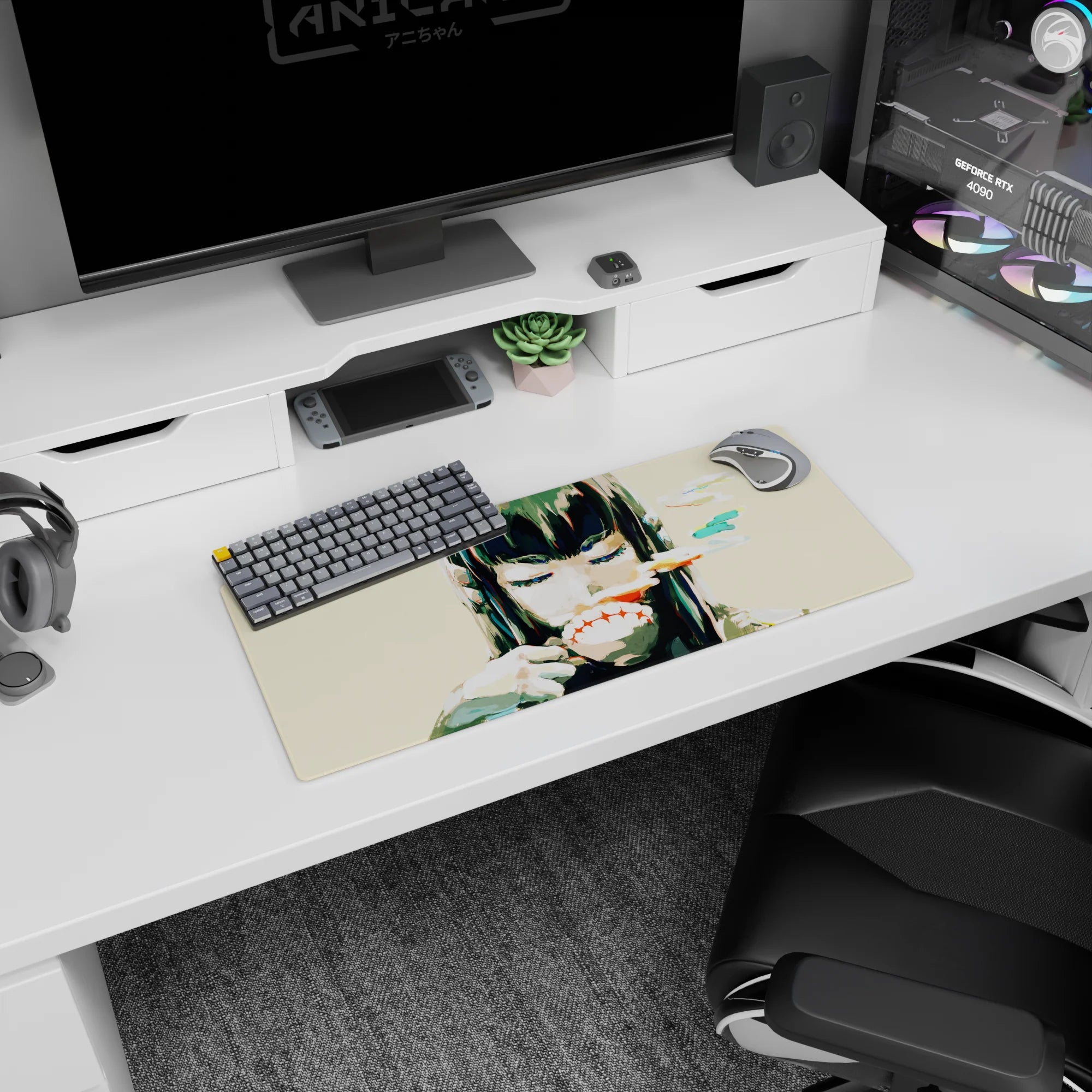 Anime girl mouse pad 28x12 inches featuring black-haired girl with thick bangs and a red slash grin.