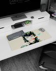 Anime girl mouse pad 28x12 inches featuring black-haired girl with thick bangs and a red slash grin.