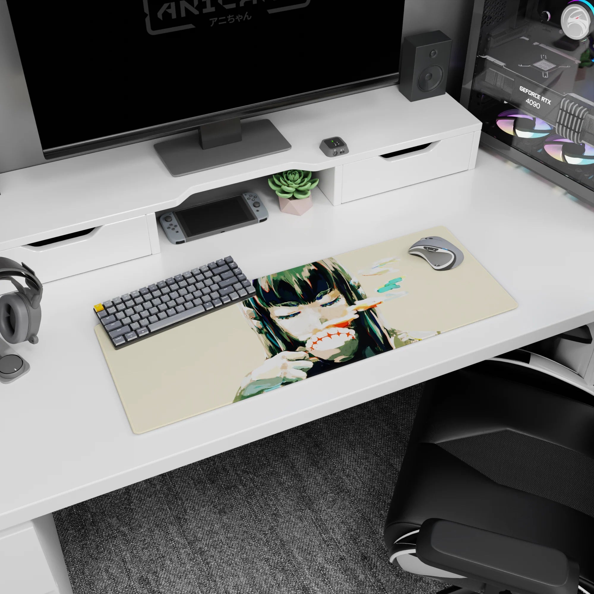 Closed-eye anime girl with black bangs and red lip slash on a 32x12 inches extended mouse pad.