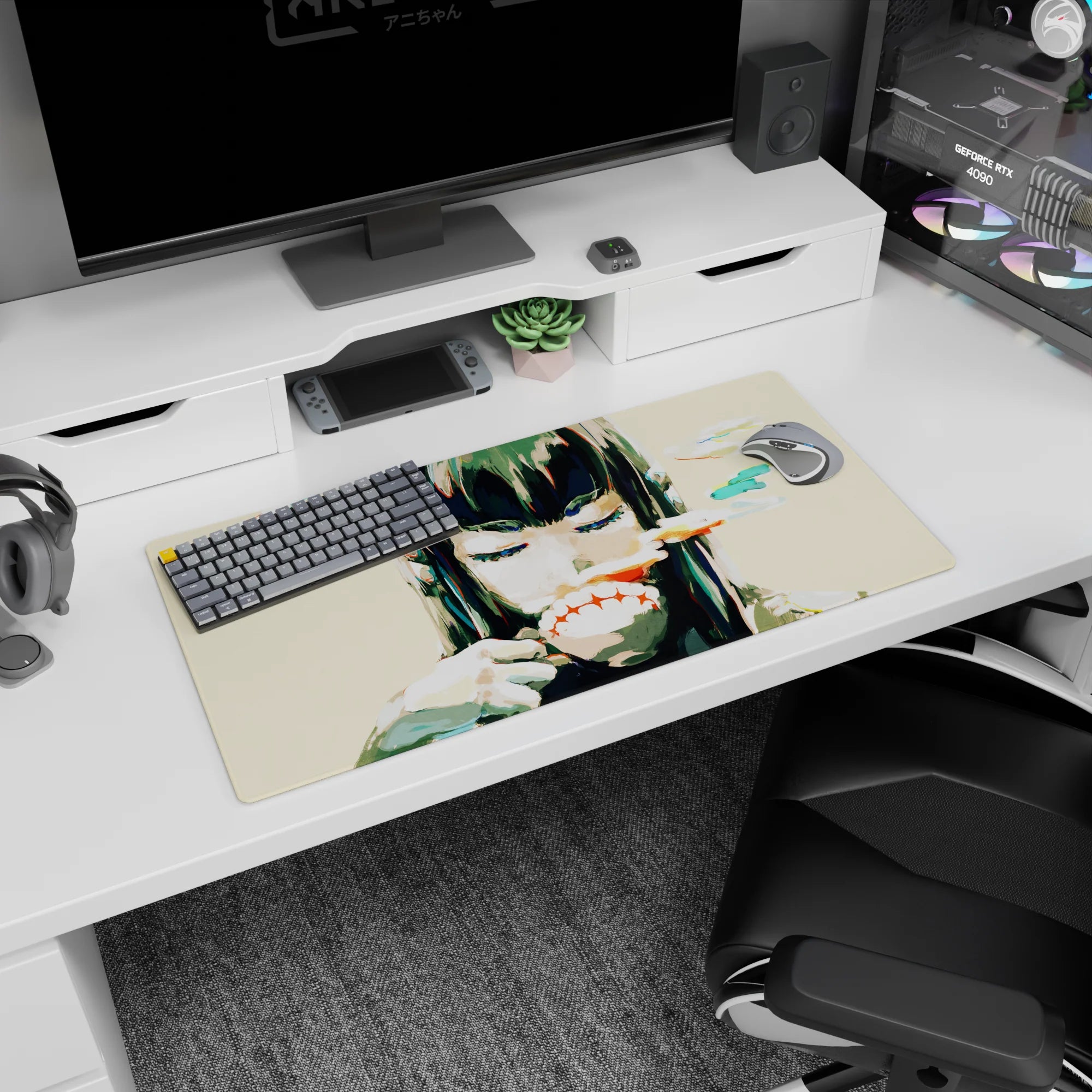 Anime girl mouse pad 32x16 inches showing eyes closed, playful sinister grin, candy-cloud strokes behind.