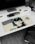 Anime girl mouse pad 32x16 inches showing eyes closed, playful sinister grin, candy-cloud strokes behind.