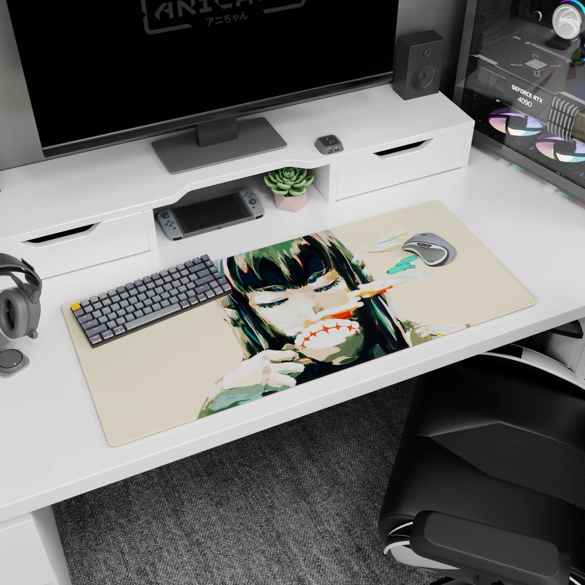 36x16 inches anime girl desk pad showing black bangs, calm smirk, and a playful red slash across lips.