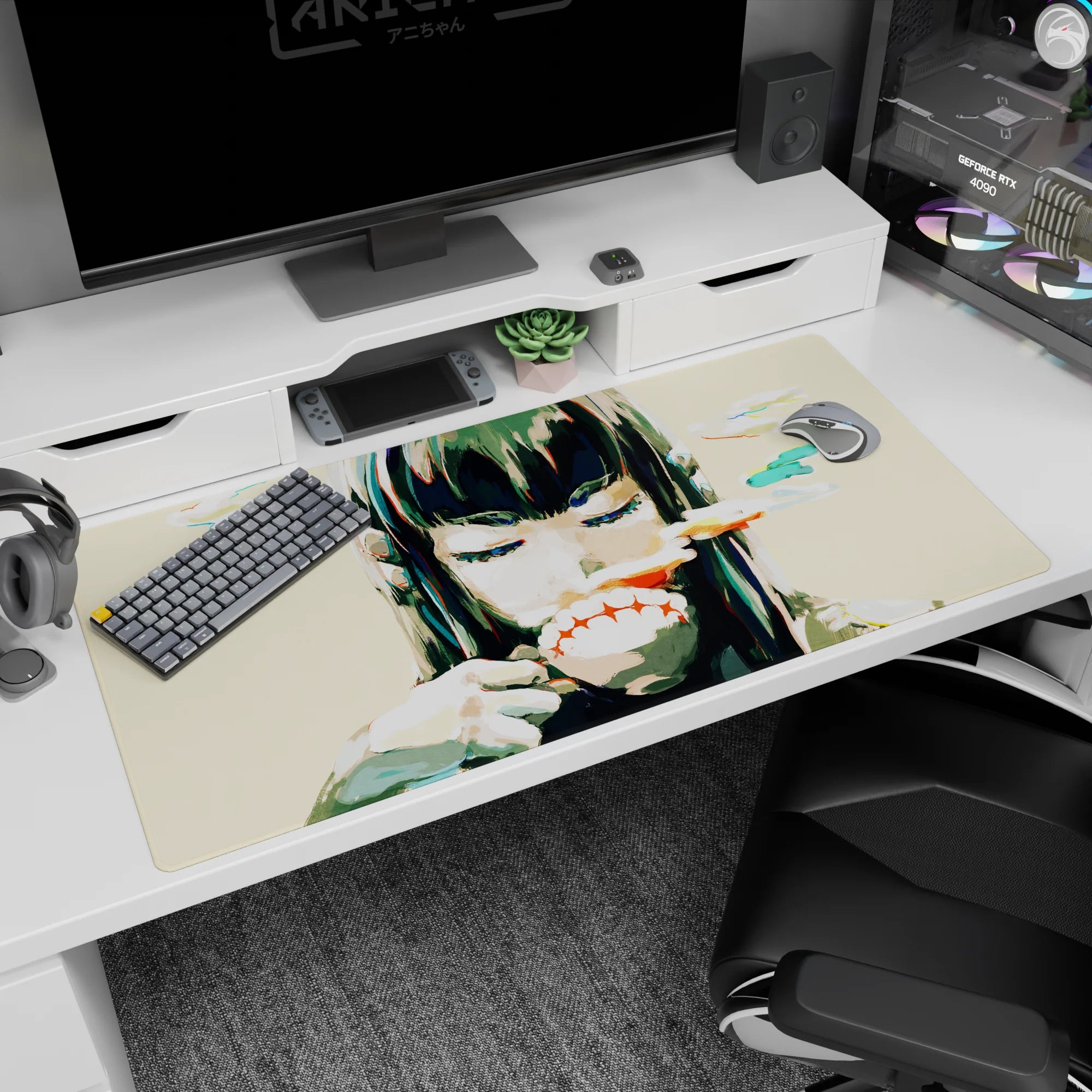 Anime girl desk pad 40x20 inches showing black bangs, eyes closed, playful sinister grin, candy-cloud strokes.