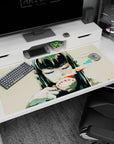 Anime girl desk pad 40x20 inches showing black bangs, eyes closed, playful sinister grin, candy-cloud strokes.