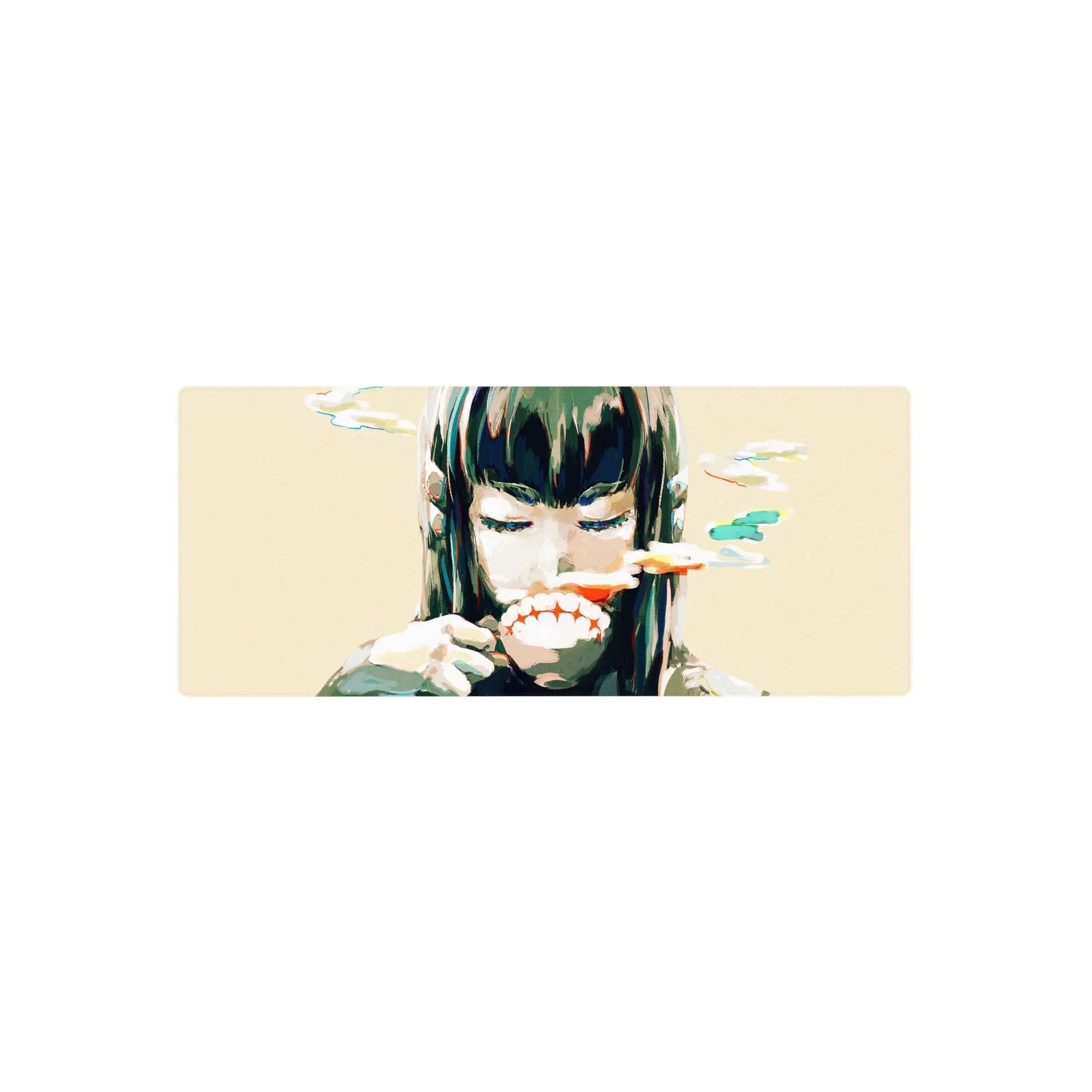 Anime girl mouse pad 28x12 inches with closed-eye smirk, ink splashes, and clean beige background.