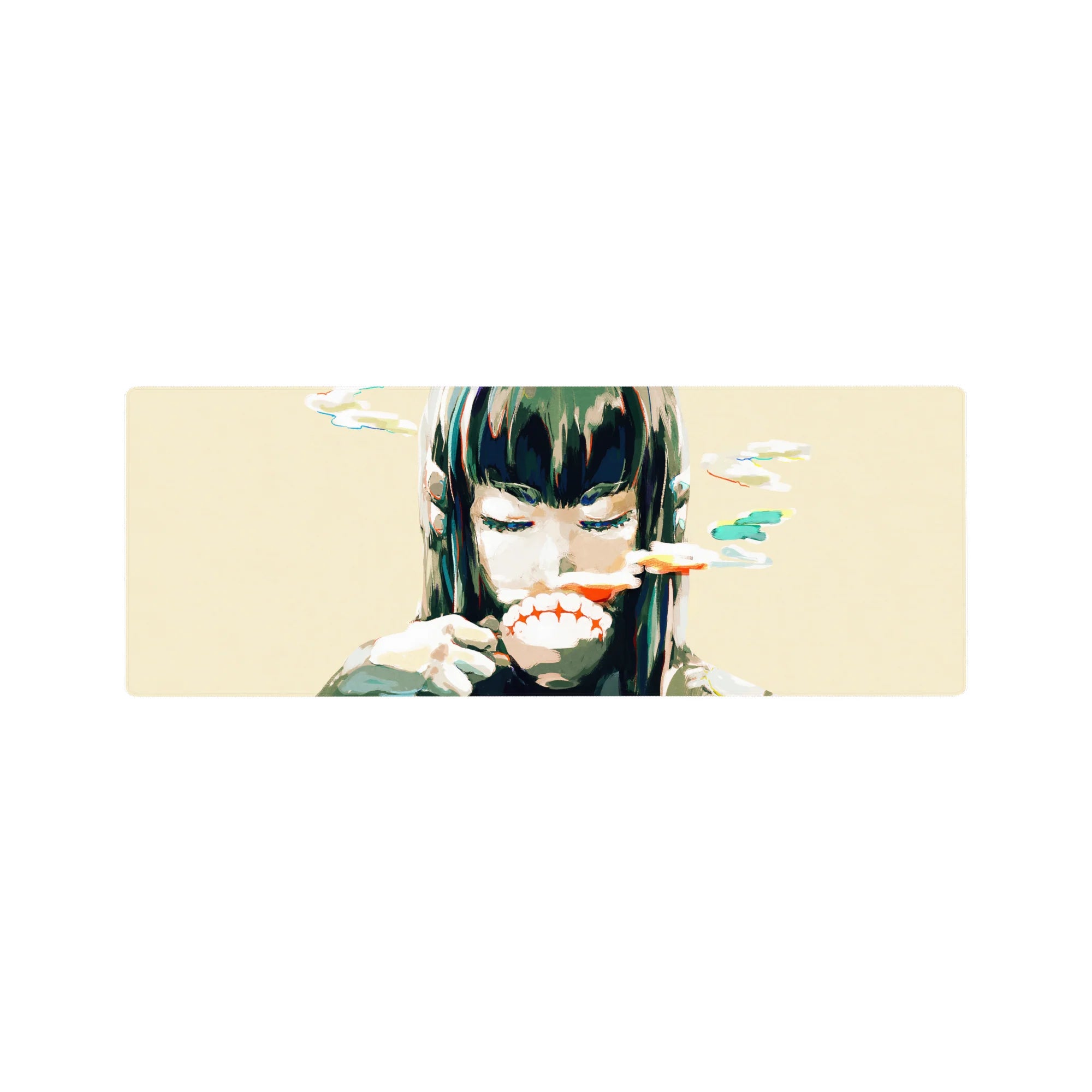 Anime girl mouse pad 32x12 inches with closed-eye smirk, ink splashes, and beige background.