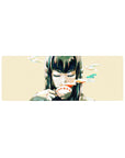 Anime girl mouse pad 32x12 inches with closed-eye smirk, ink splashes, and beige background.