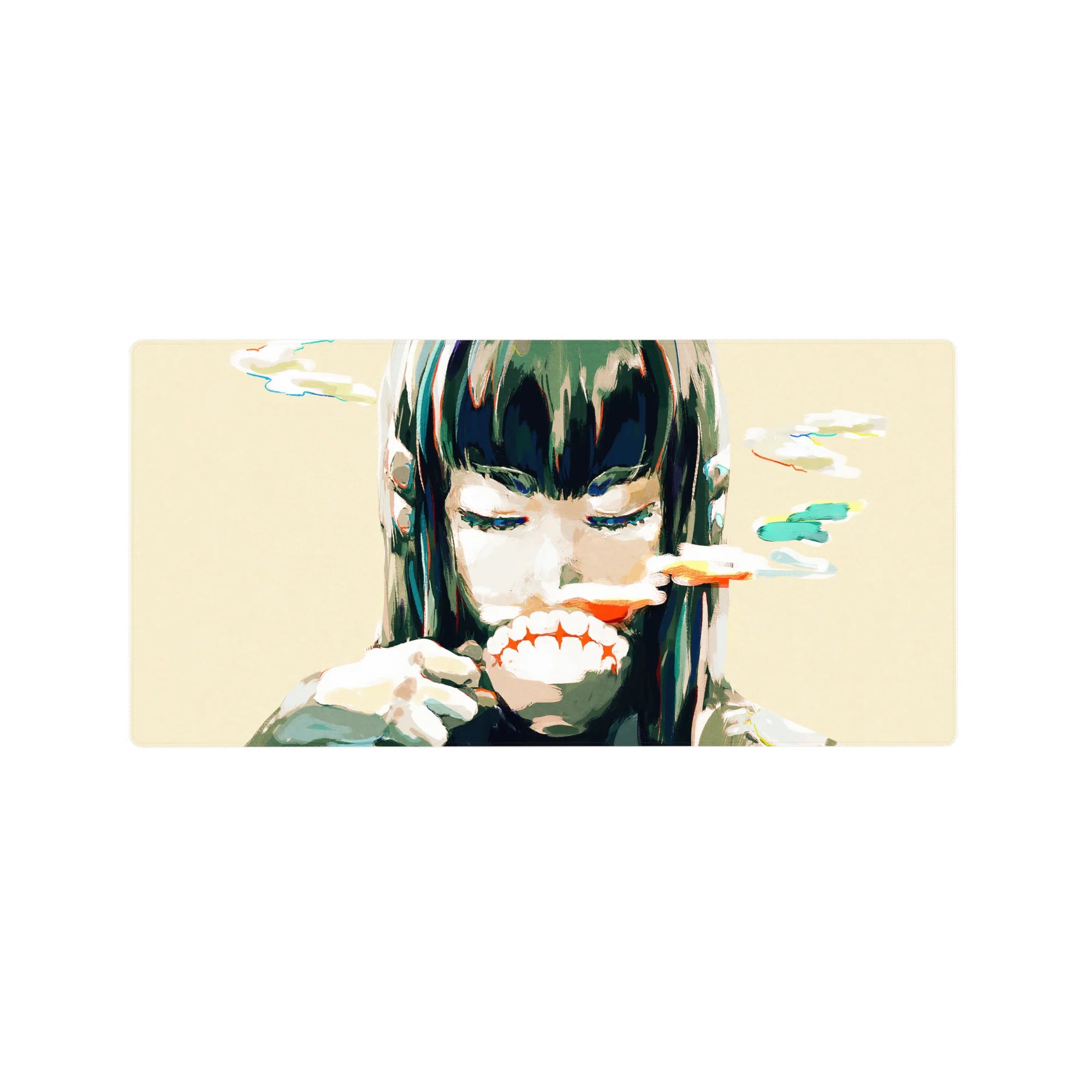 Anime girl mouse pad 32x16 inches with calm smirk, thick black bangs, ink splashes on creamy beige.