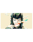 Anime girl mouse pad 32x16 inches with calm smirk, thick black bangs, ink splashes on creamy beige.