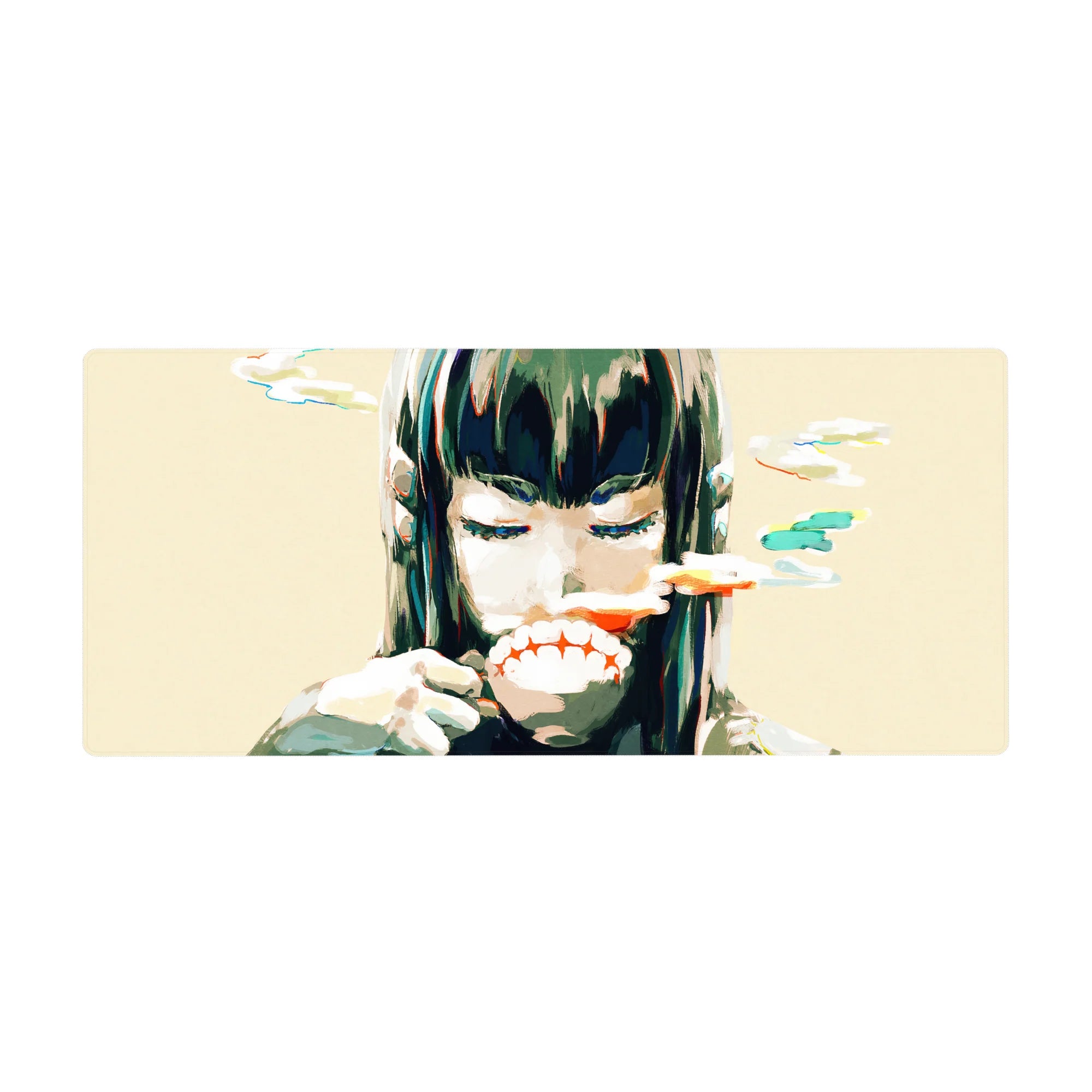 Anime girl desk pad 36x16 inches with closed-eye smirk, ink splashes, and bold red lip line.