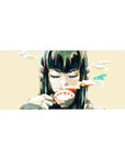Anime girl desk pad 36x16 inches with closed-eye smirk, ink splashes, and bold red lip line.