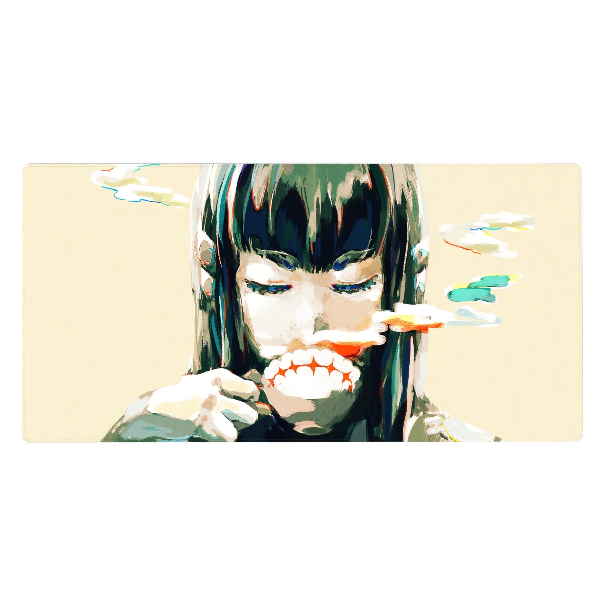 Anime girl desk pad 40x20 inches with closed-eye smirk, ink splashes, creamy beige background, clean edge.