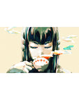 Anime girl desk pad 40x20 inches with closed-eye smirk, ink splashes, creamy beige background, clean edge.