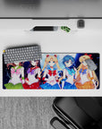 32x12 inches anime girl mouse pad in emerald, crimson, ocean blue, and sunny orange with spark effects.
