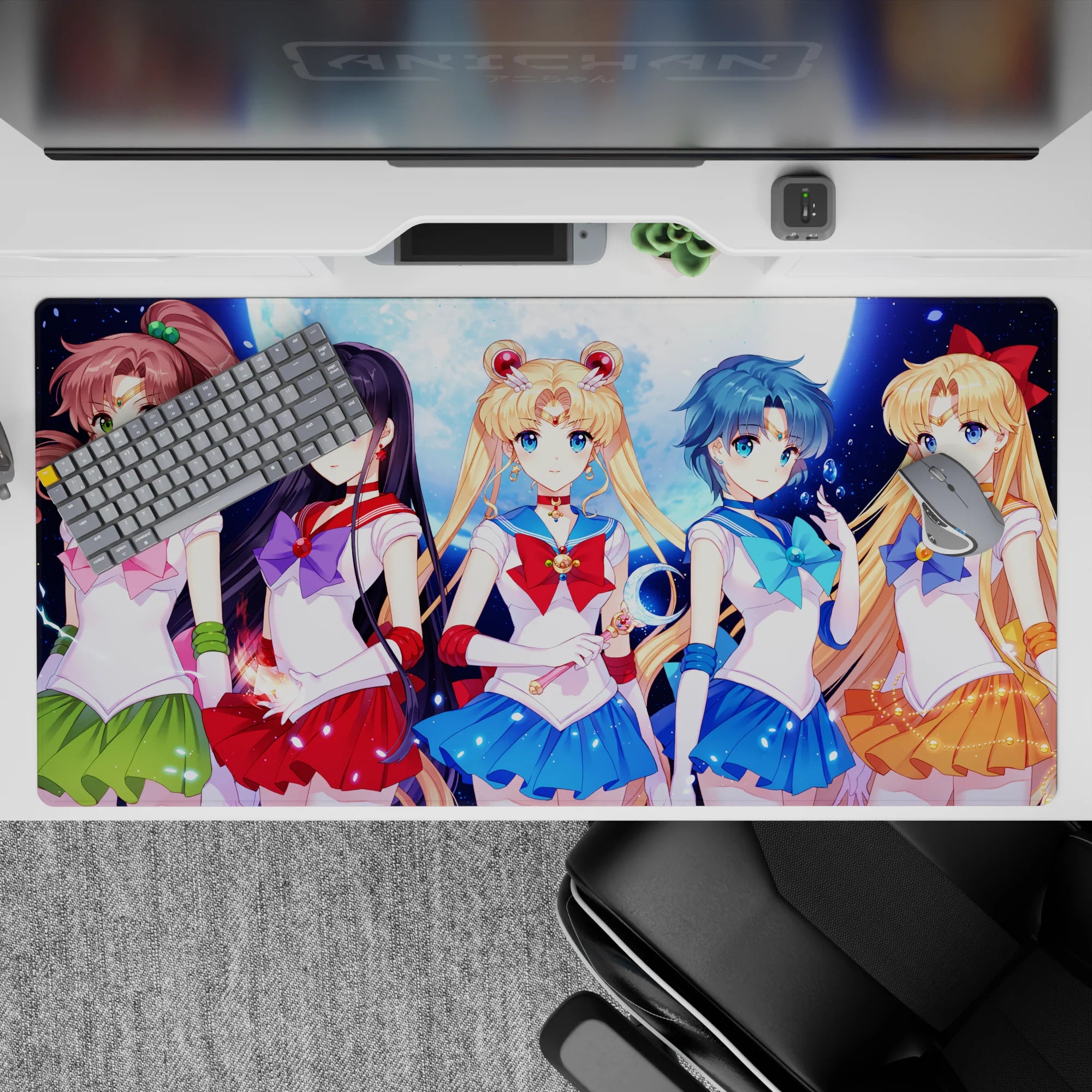 40x20 inches anime girl desk pad in emerald, crimson, ocean blue, and orange with bright nostalgic vibes.