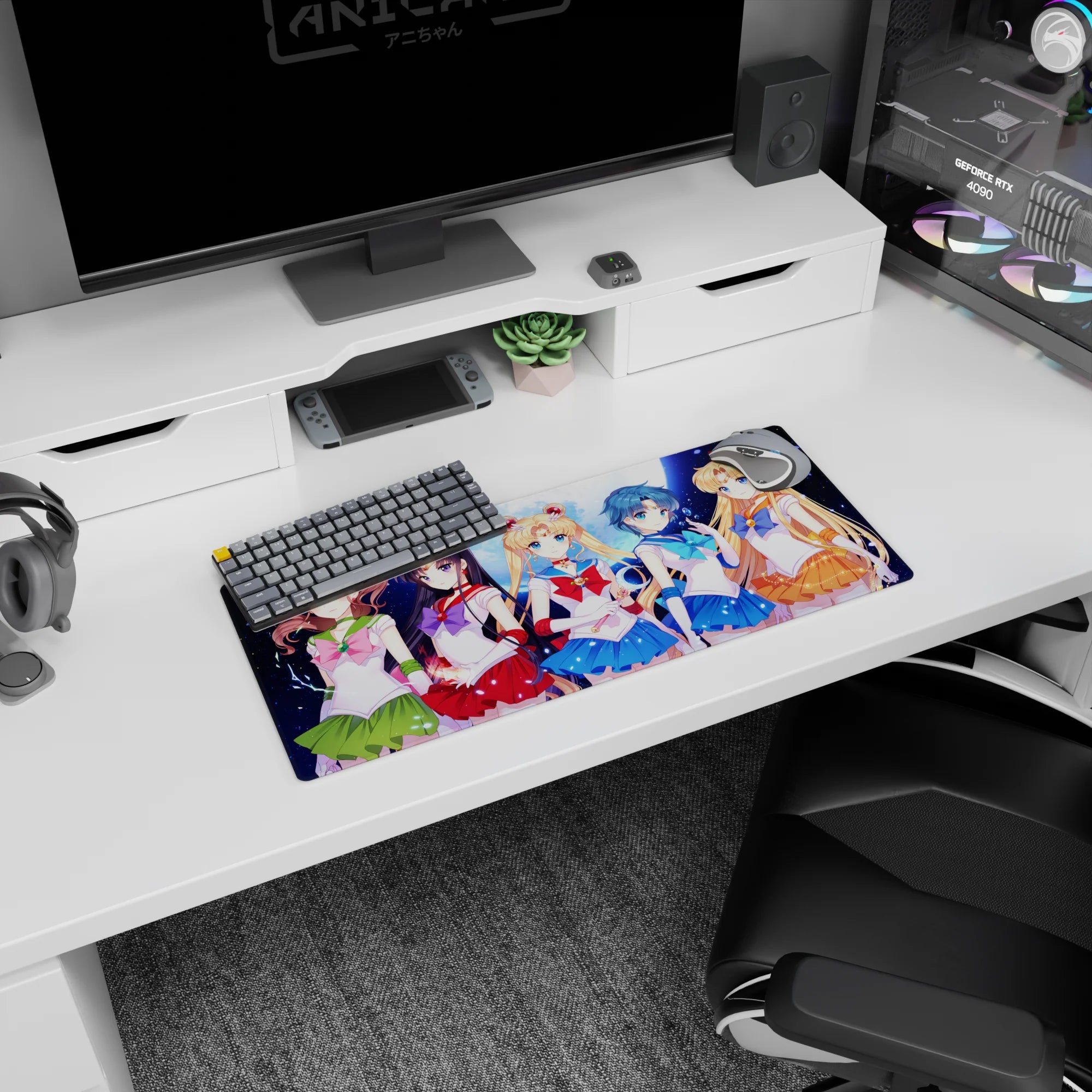 28x12 inches anime girl mouse pad featuring Sailor Moon, blonde twin buns gripping a wand beneath the moon.
