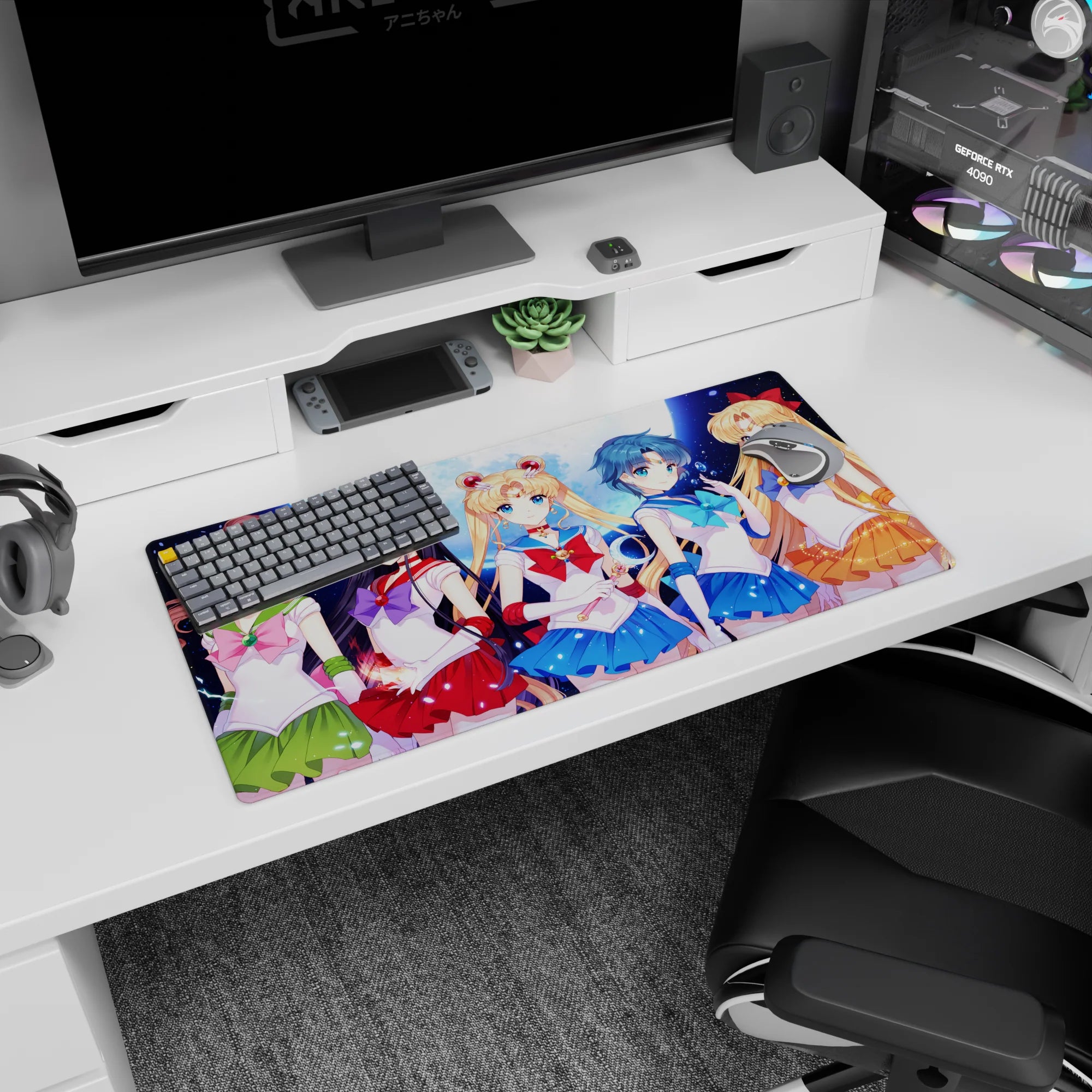 32x16 inches Sailor Moon mouse pad with blonde twin-bun leader gripping a wand, team lined up.