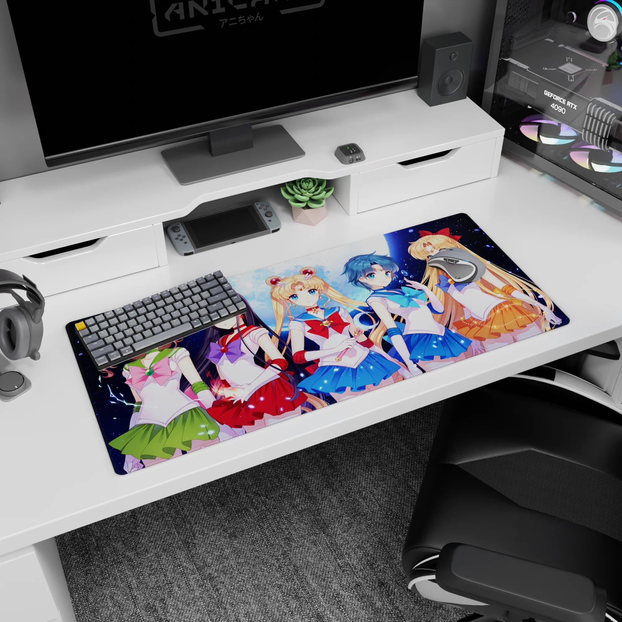 Sailor Moon with twin buns holding a wand, four guardians behind, anime desk pad 36x16 inches.