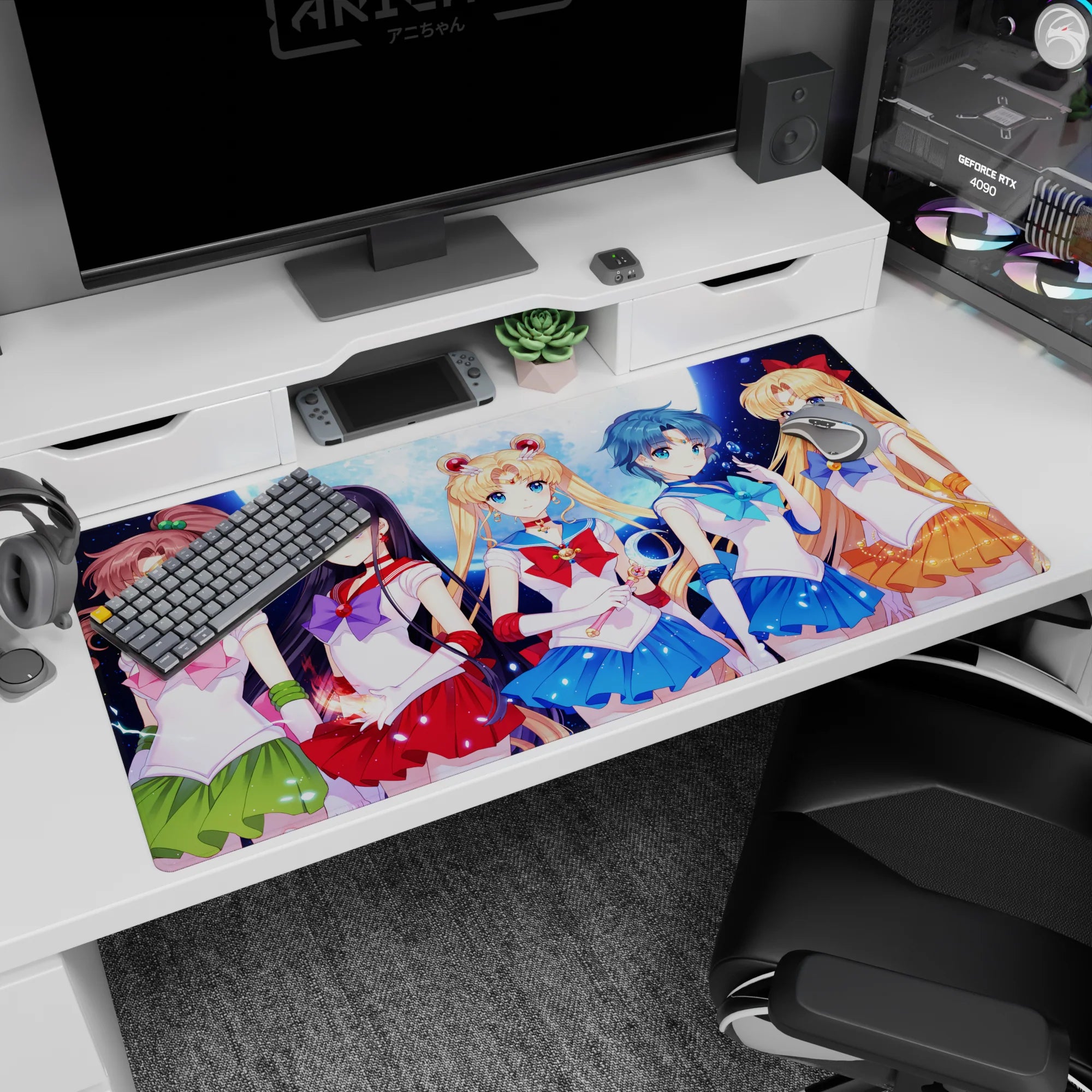 40x20 inches Sailor Moon desk pad with blonde twin-bun leader holding a wand, team lined up under moonlight.