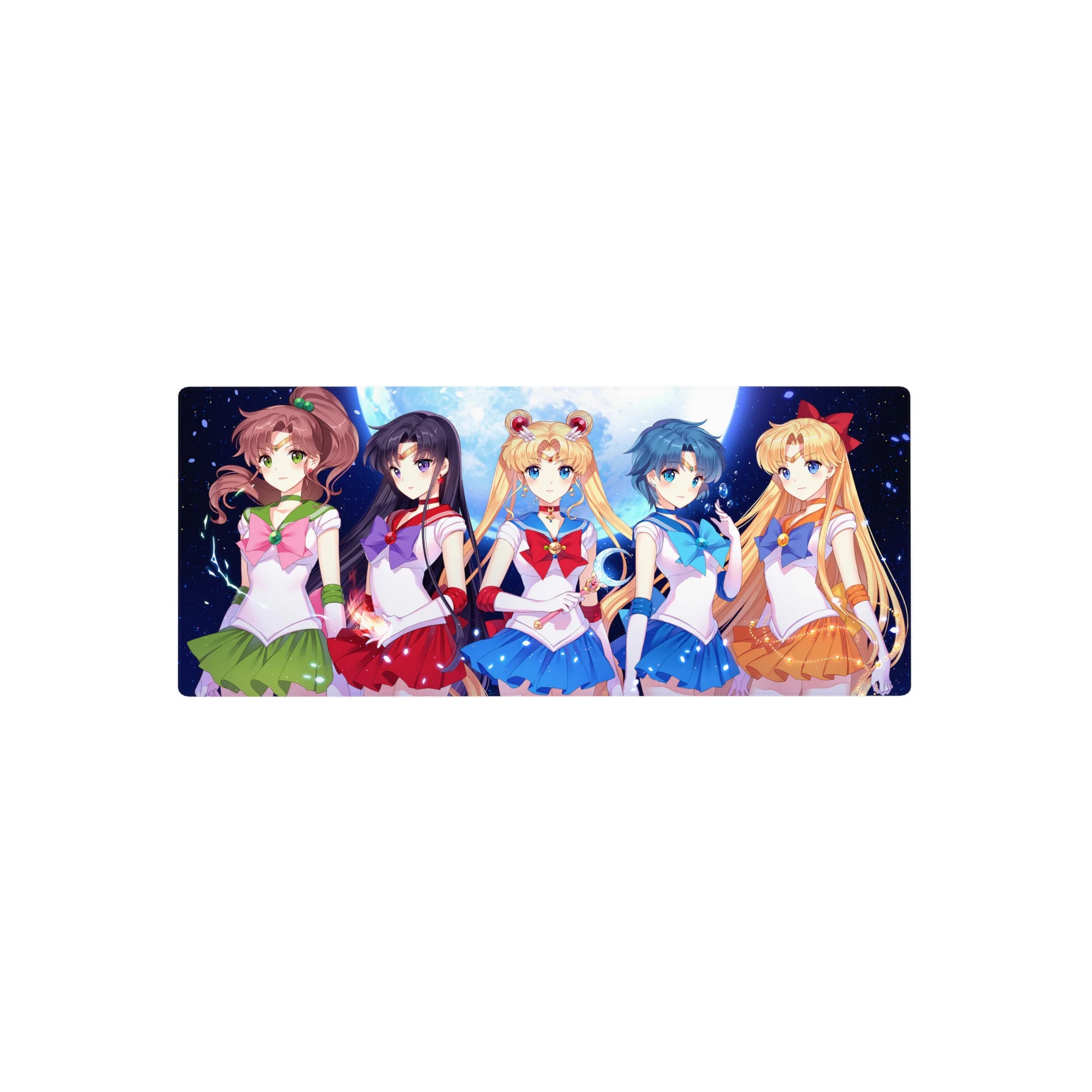 28x12 inches anime girl mouse pad with five Sailor Guardians under a glowing moon on a starry sky.