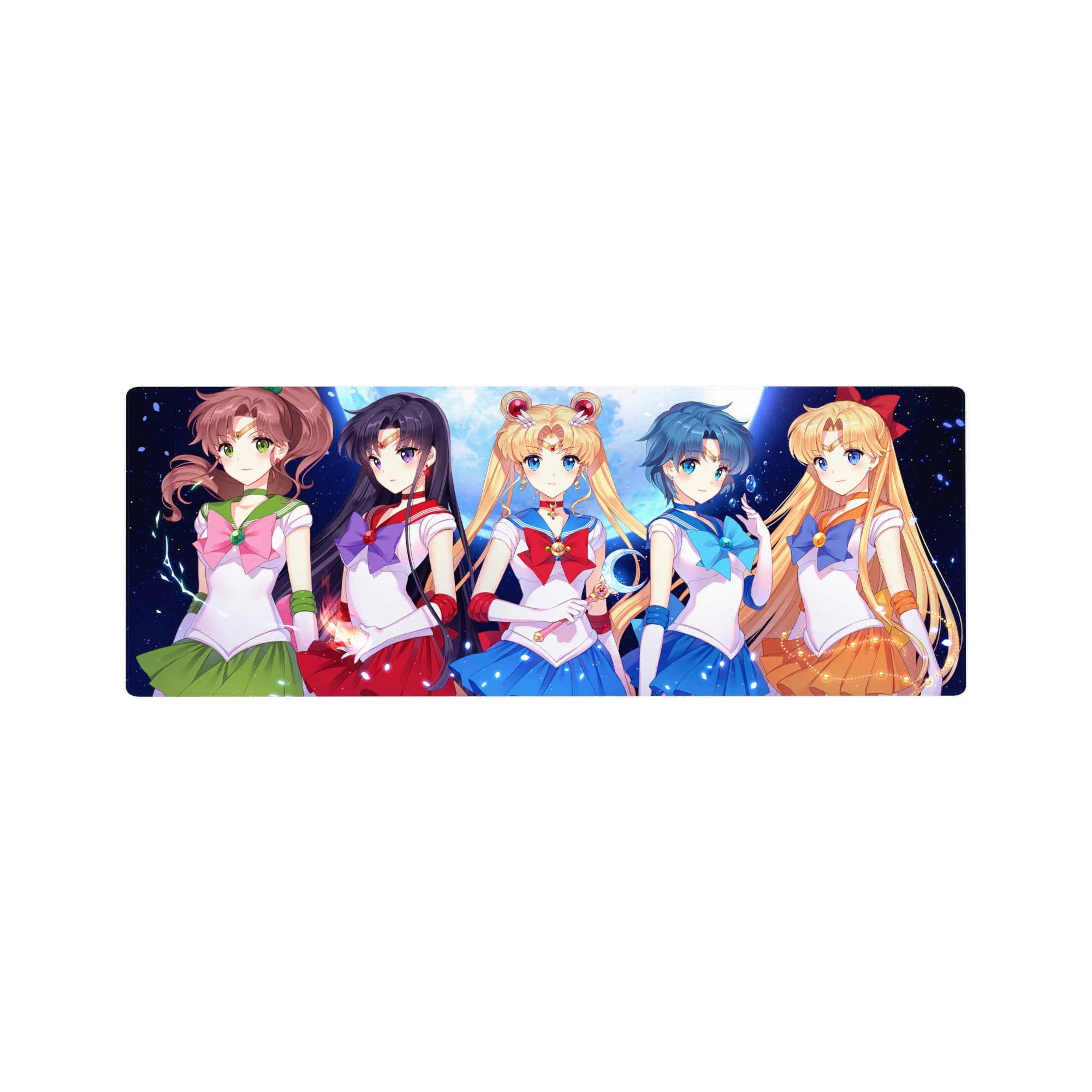 32x12 inches anime girl mouse pad with five Sailor Guardians under a glowing moon and starry sky.
