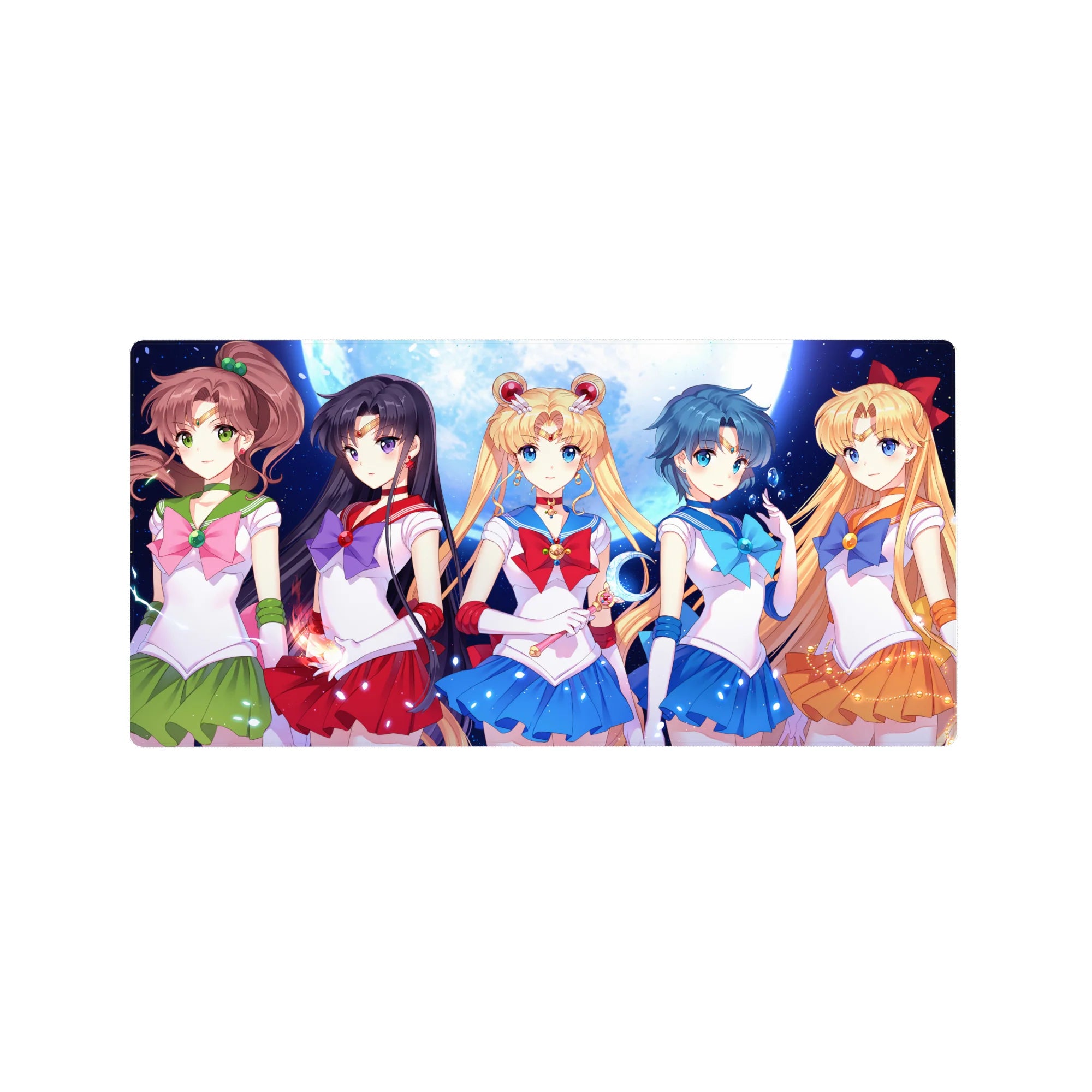 32x16 inches anime girl mouse pad with five Sailor Guardians under a glowing moon, starry backdrop.