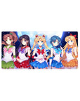 32x16 inches anime girl mouse pad with five Sailor Guardians under a glowing moon, starry backdrop.