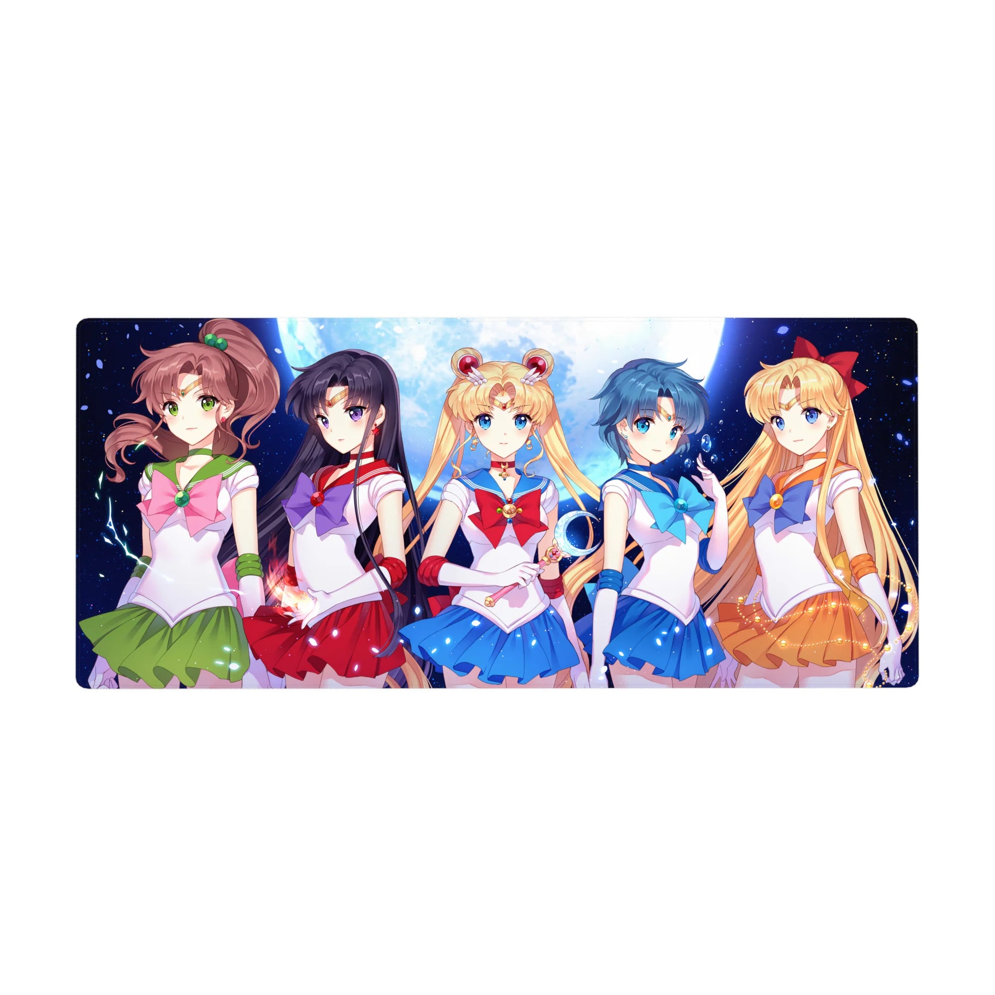 Sailor Guardian lineup under a glowing moon on an anime desk pad, 36x16 inches.