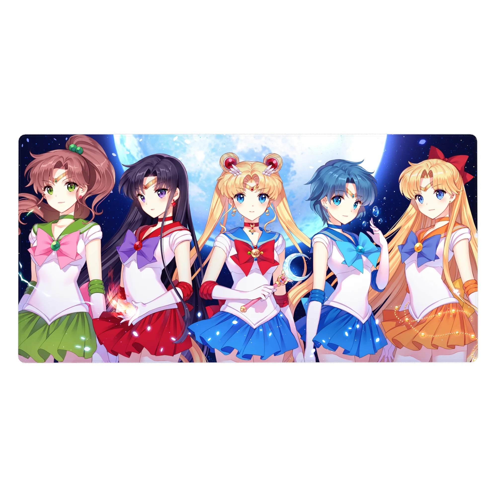 40x20 inches anime girl desk pad with five Sailor Guardians under a glowing moon on a starry backdrop.