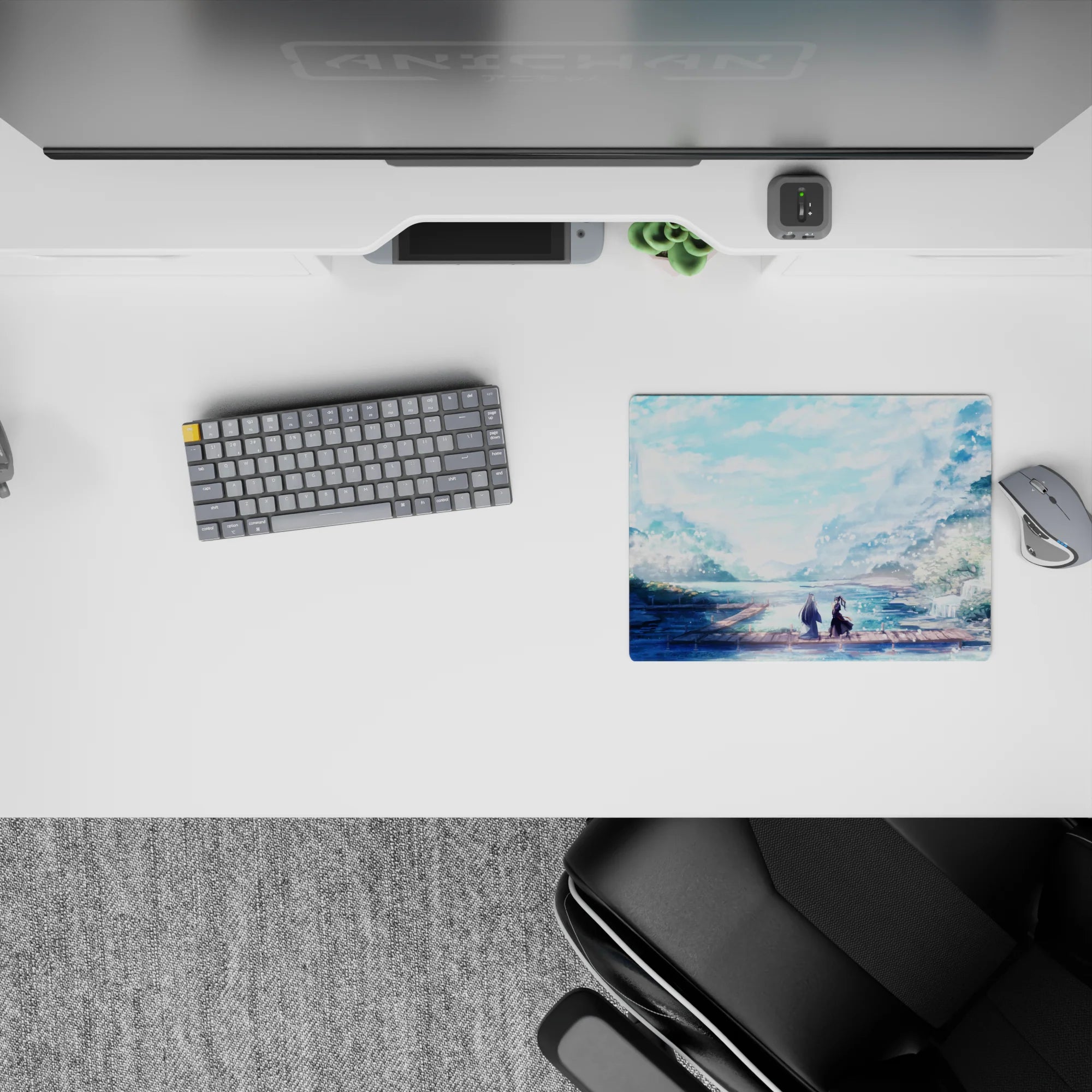 Anime mouse pad 14x10 inches featuring serene pastel landscape with two figures on a dock amidst falling petals.