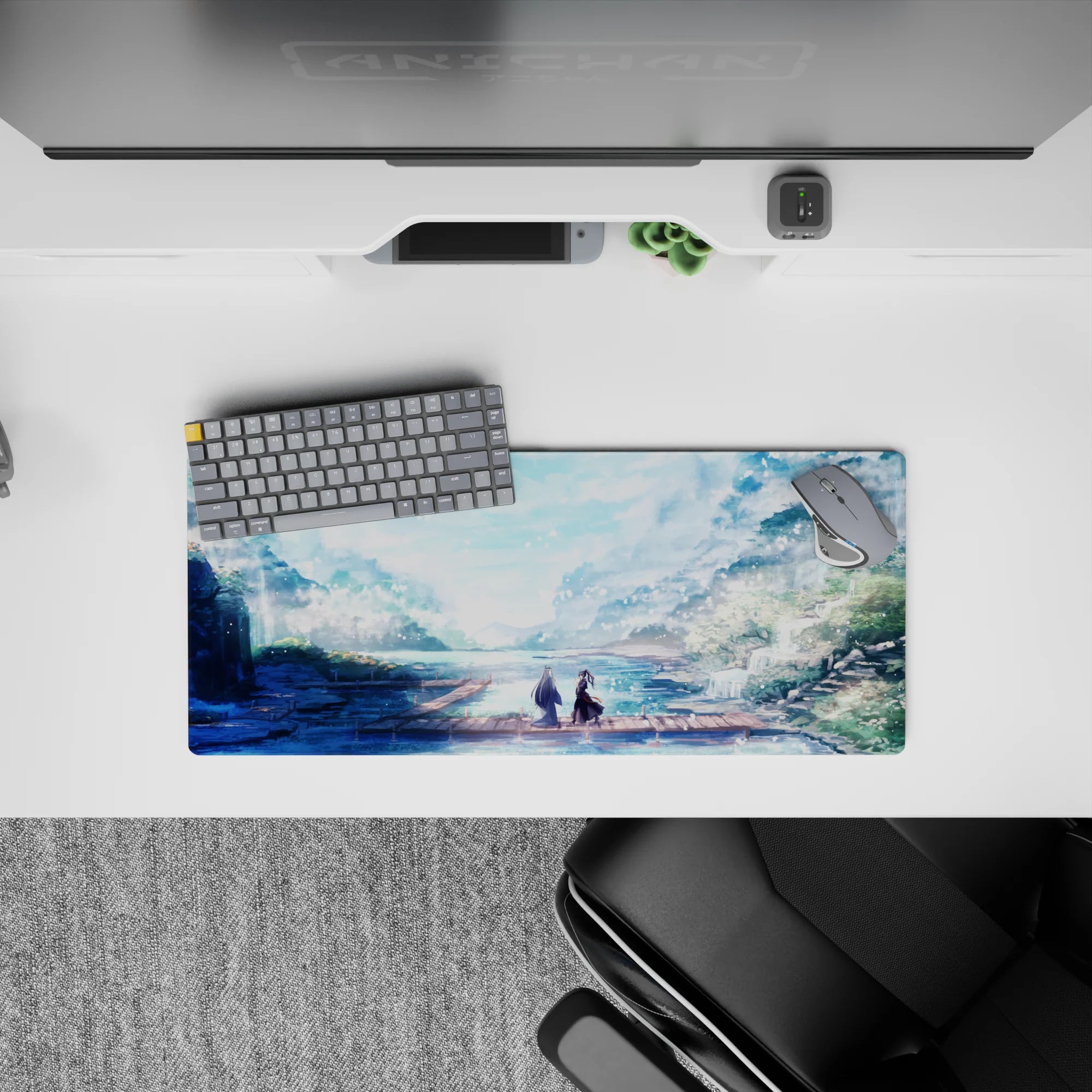 Anime mouse pad 28x12 inches with pastel colors, featuring two figures on a dock, surrounded by falling petals.