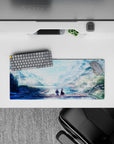 Anime mouse pad 28x12 inches with pastel colors, featuring two figures on a dock, surrounded by falling petals.