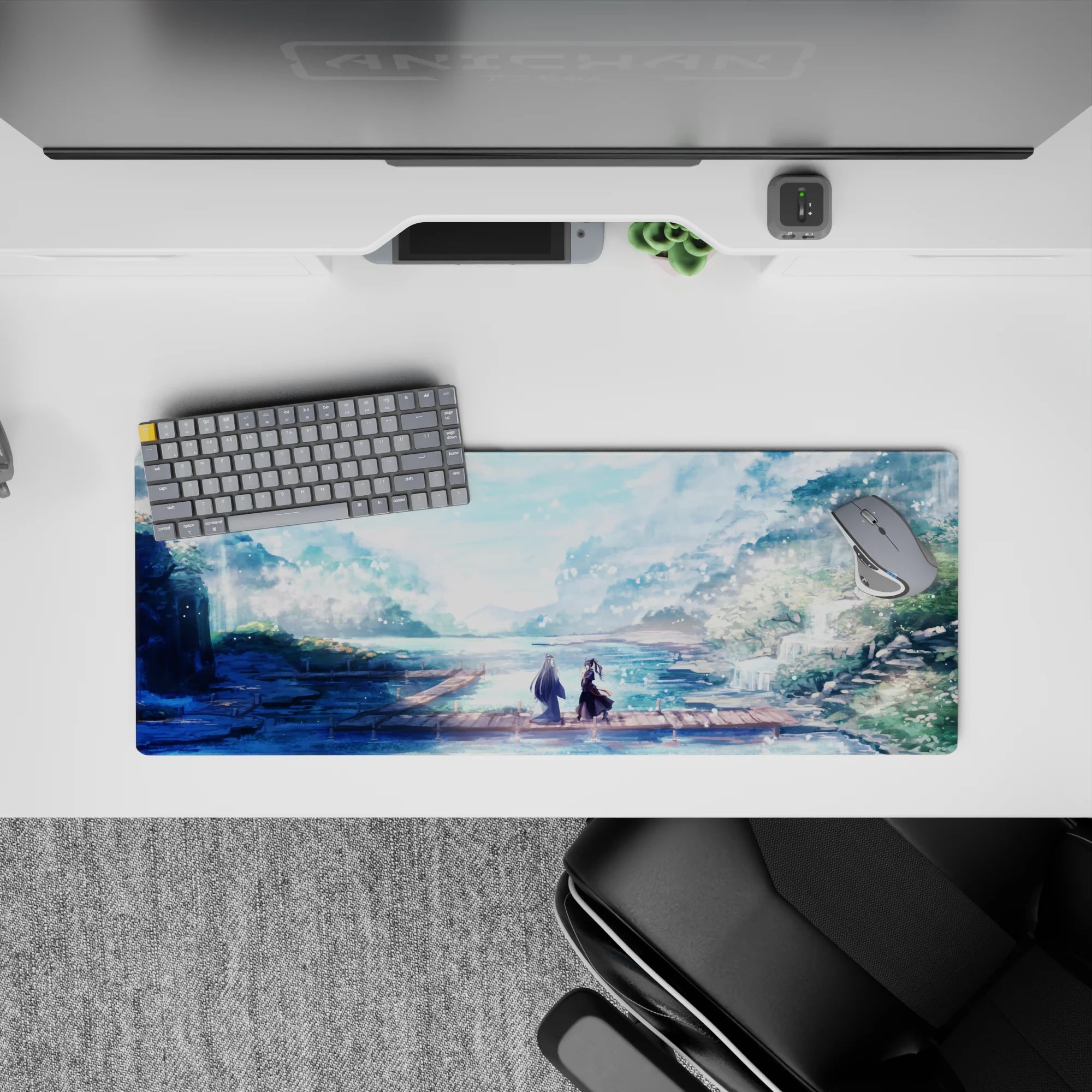 Anime mouse pad 32x12 inches, featuring serene pastel colors, soft sunlight, and two figures on a dock with falling petals.